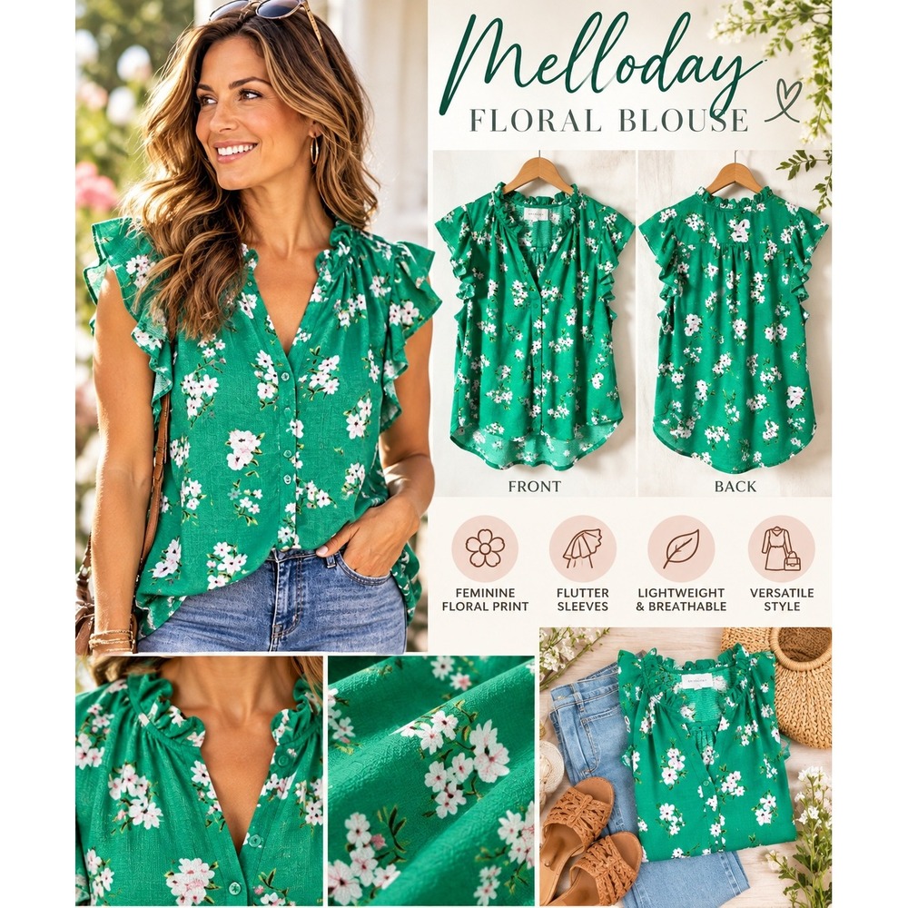 Melloday Women's Medium Green Floral Ruffle Split Neck Flutter Sleeve Blouse Top